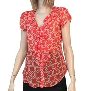 Banana Republic Blouse Top Lightweight Ruffles Flowy Flutter Sleeves Warm Print